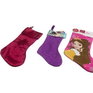 3 New Disney Belle Doc McStuffins Red Poinsettia Soft Christmas Stockings Decor